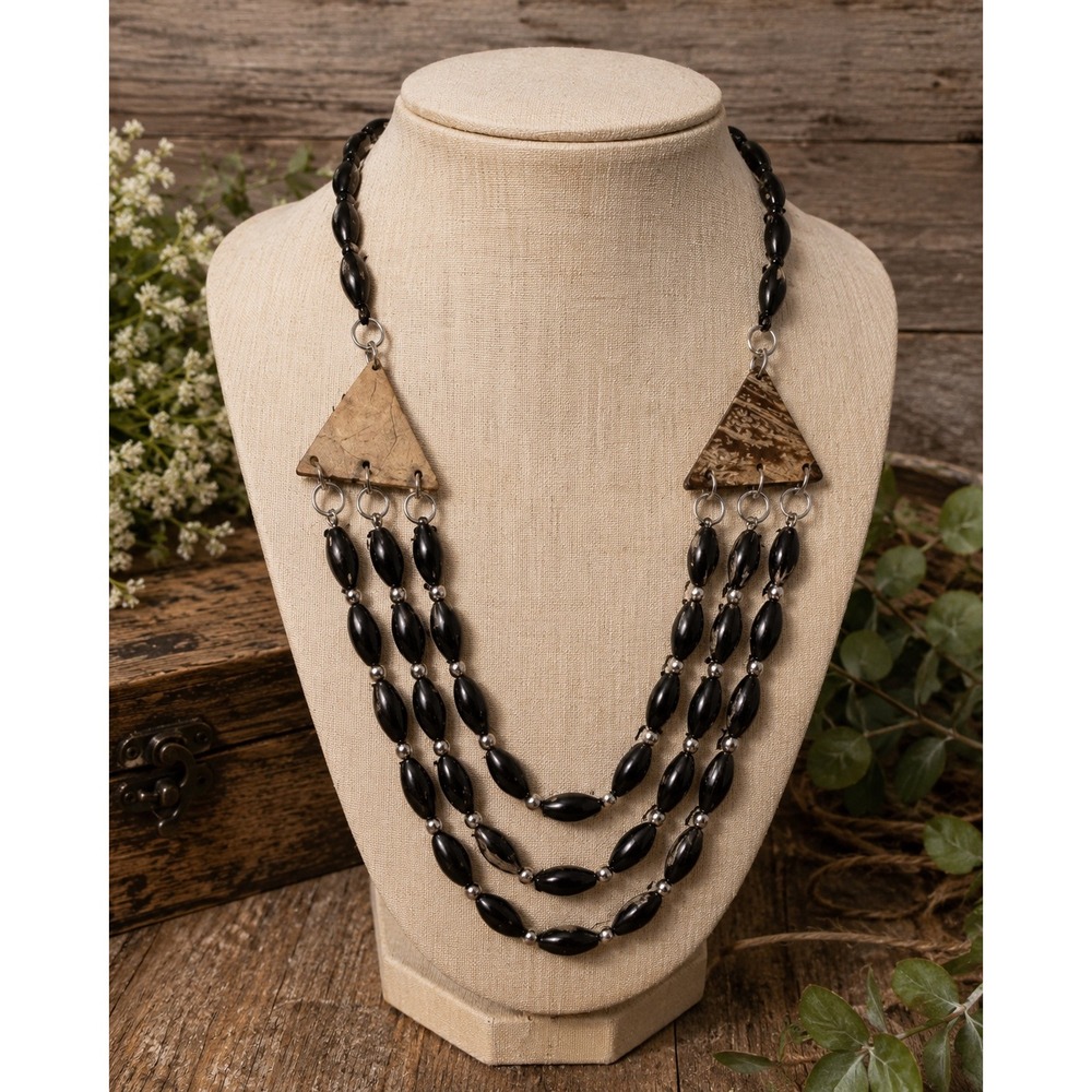 Black Multi Strand Beaded Statement Necklace Coconut Shell Boho Tribal Style
